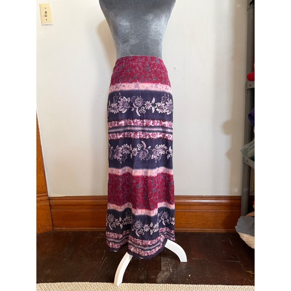 Wrapper Vintage Maxi Skirt‎ Burgundy Navy Blue Floral Boho Side Slit Medium